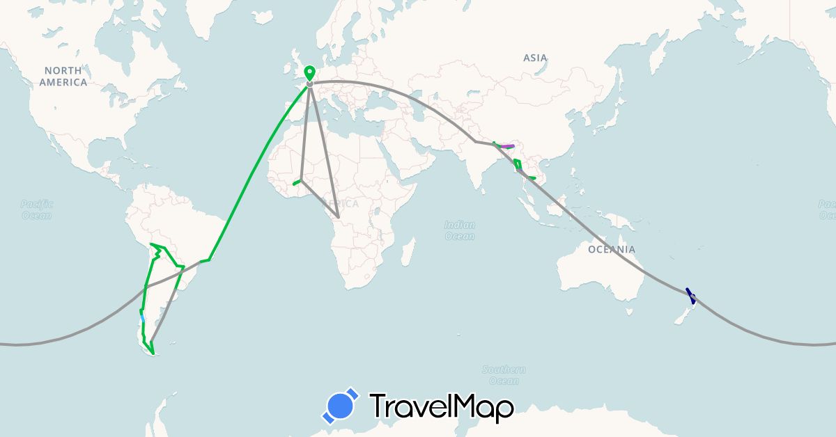 TravelMap itinerary: driving, bus, plane, train, boat in Argentina, Burkina Faso, Bolivia, Brazil, Republic of the Congo, Chile, France, India, Cambodia, Myanmar (Burma), Nepal, New Zealand, Paraguay, Thailand (Africa, Asia, Europe, Oceania, South America)